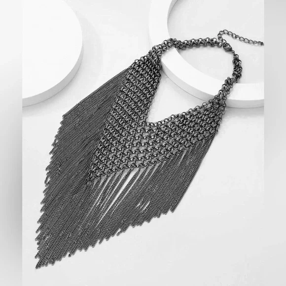 New Maximalist Chainmail Style Fringe Bib Statement Necklace - Picture 7 of 16